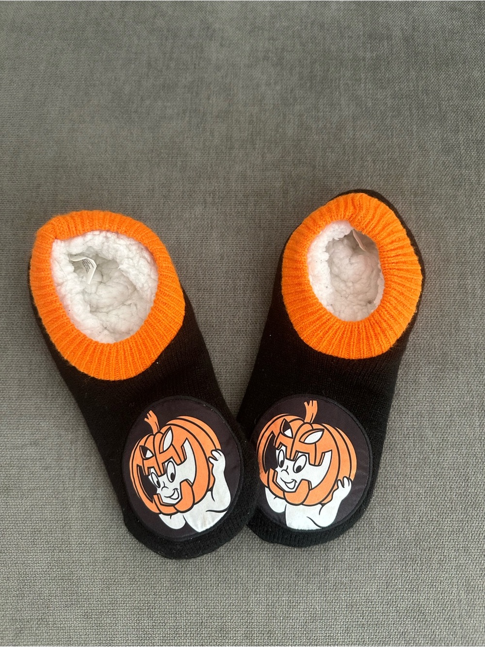 Spirit Kids Black Slip-On Slippers with Orange Trim and Pumpkin Graphic